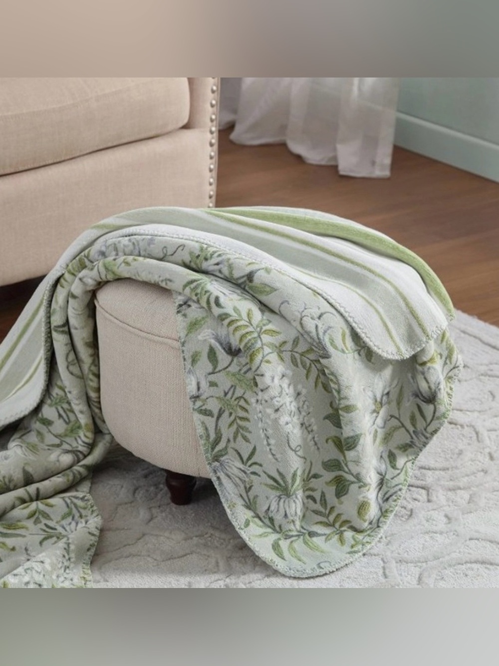 Laura Ashley Green Botanical Stripe Reversible Throw Throw